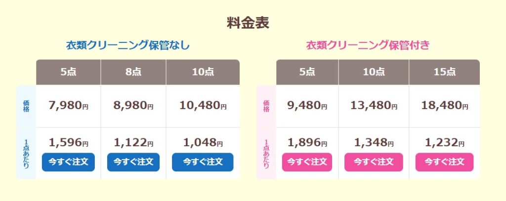 ホワイト急便　衣類クリーニング料金比較表